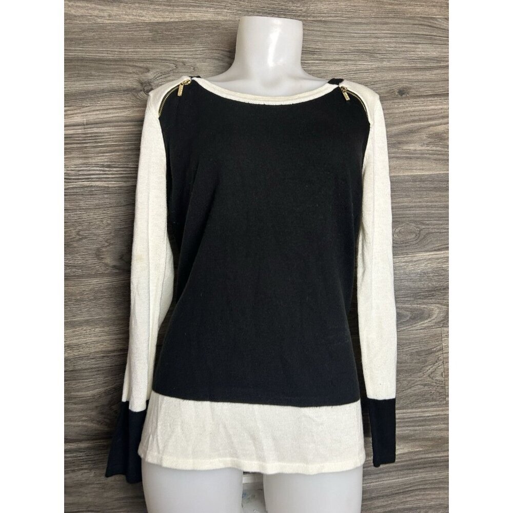 Ivanka Trump Black w White Shirt Dress Classy Zipper Accent Blouse Top Sz L